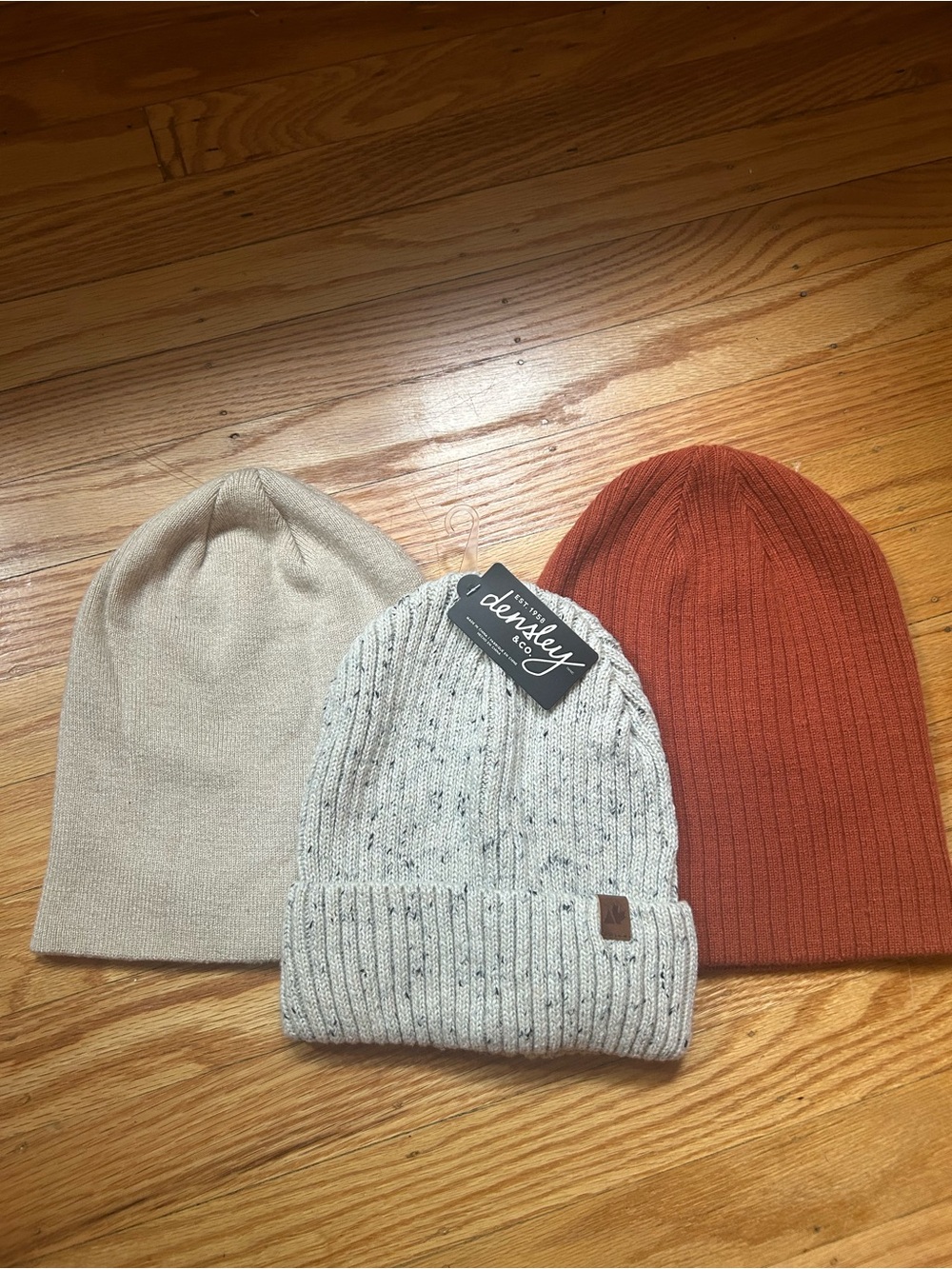 Set of 3 Knit Beanies - Cream, Speckled Gray, Rust